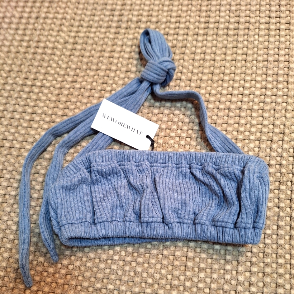 We wore what BLUE heather halter top with tie at neckline.
